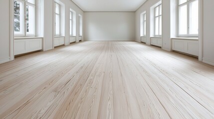 Bright and Spacious Empty Room with Light Wood Flooring and Large Windows