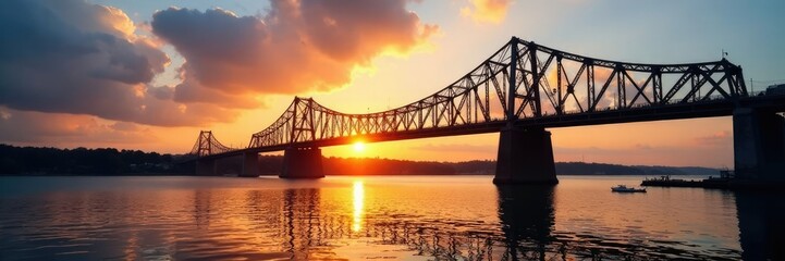 Fototapeta premium Evening light casts shadows on steel trusses and water, truss,