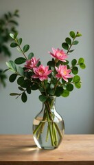 Eucalyptus leaves and flowers in a vase on a wooden table, vase, flower, foliage