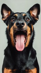Fototapeta premium Happy Doberman Poses With Bright Smile in Urban Setting During Autumn Afternoon