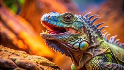 Obraz premium Reptile with vibrant colors, sharp teeth, and a menacing expression, set against a warm rocky background