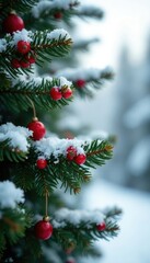 Evergreen spruce branches with red berries and white flowers against a snowy Christmas background, winter greenery, forest landscape, christmas decor