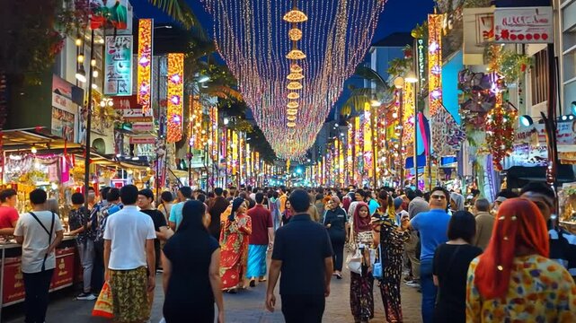 Bustling Johar Town Lahore Street at Night with Festive Lighting and Crowds