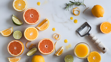 Colorful arrangement of citrus fruits on a marble surface with juice and peeler, ideal for cooking