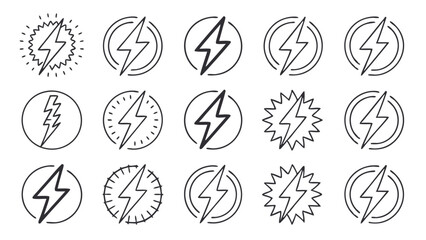 "Set of Lightning Bolt and Thunderstorm Icons – Hand-Drawn Black and White Vector Symbols Representing Electricity, Power, and Weather Elements"

