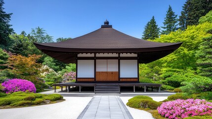 Obraz premium Serene Japanese Pavilion Surrounded by Vibrant Blossoms and Lush Greenery