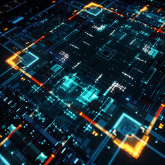 Fototapeta premium Futuristic digital grid with glowing cyan and orange elements. Complex circuitry pattern evokes advanced technology and AI systems. Ideal for high-tech, cyber, or data themes