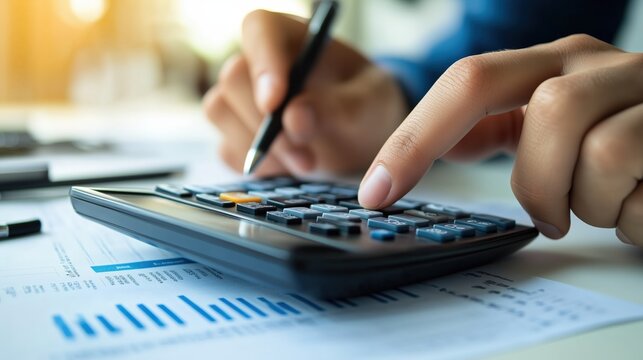 A person using a calculator to estimate insurance premiums