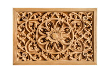 Intricate wood carving art studio decorative panel close-up