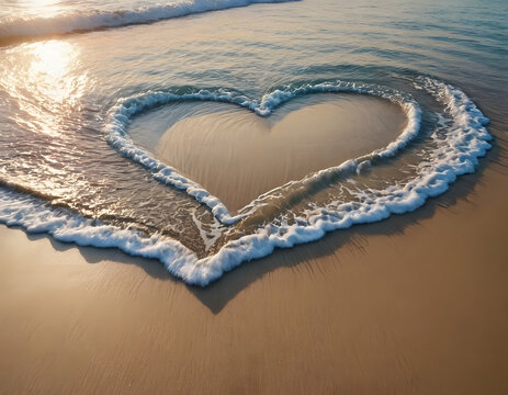 Heart-shaped water waves on the beach make the shape of a heart with water in the blue sea, a romantic scene.