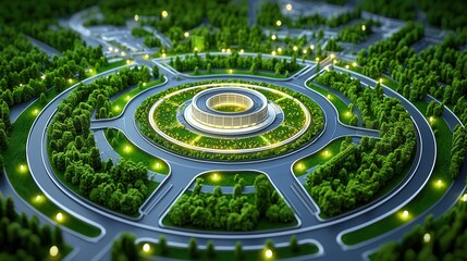 Modern Circular Park Design Featuring Lush Greenery and Illuminated Pathways