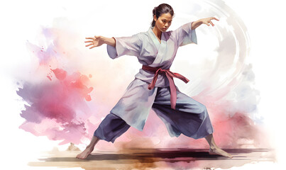 Portrait of a woman wearing sports training clothes, practicing wushu in the park. Healthy lifestyle, kung fu, martial arts concept. Watercolor painting style.