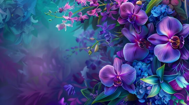 A close-up of purple and pink orchids against a blurred background of teal and purple.