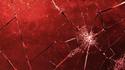 A broken glass panel with spiderweb cracks over a red textured background.