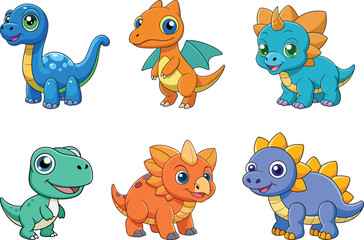 Obraz premium a set of cute and colorful cartoon-style dinosaurs in different poses and colors, featuring baby t-rex, triceratops, brontosaurus, and stegosaurus