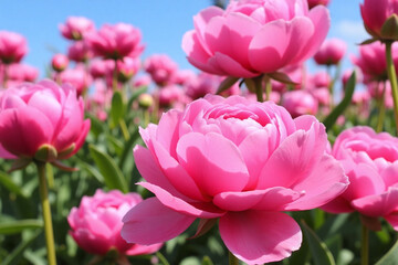 Fototapeta premium field of pink flowers with a blue sky in the background