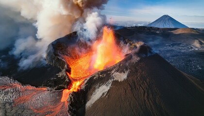 Fotografía profesional, Volcan en erupcion vista aerea desde dron, realista, 4k
