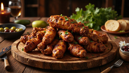 Fototapeta premium Delicious Halal Cuisine on Rustic Table, Culinary Delight
