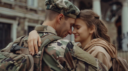 A military father hugging his daughters, An emotional reunion of a military father with his daughters
