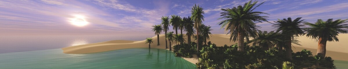 Fototapeta premium Beautiful beach with palm trees at sunset, panorama of a tropical landscape, sea sunset,