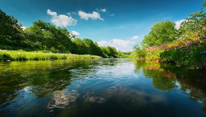 Obraz premium tranquila belleza de un río serpenteante, deslizándose elegantemente a través de un panorama verde y floreciente de colores, sus aguas tranquilas refleja el mundo encantador.