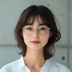 Young woman with short bob haircut and round glasses.