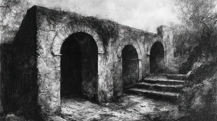 Fototapeta premium Ancient Stone Archway and Steps: A Monochromatic Masterpiece