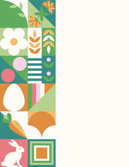 Wielkanocny baner z mozaiką z świątecznymi symbolami. Wiosenny geometryczny wzór z królikiem, jajkami i kwiatami.