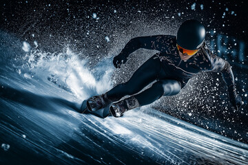 Cutting Through the Ice: Speed Skater Leaning into a Turn, Frozen Particles in Motion