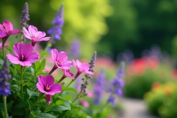 Pink and purple flowers swaying gently in the breeze against a backdrop of lush greenery, garden, purple flowers