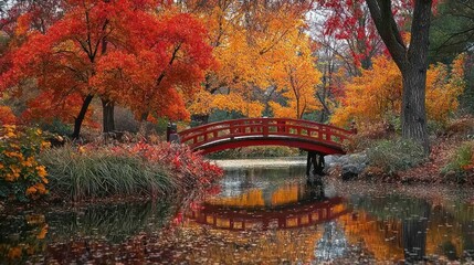 Autumnal Serenity: A Red Bridge Reflects in a Calm Pond