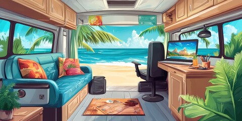 An idyllic interior view with ocean and beach scenery