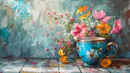 A still life acrylic painting of a cup and flowers, framed on a wooden table, showing fine paint textures and vivid colors.