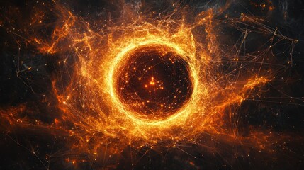 Fototapeta premium Fiery, glowing orb in abstract, dark space background