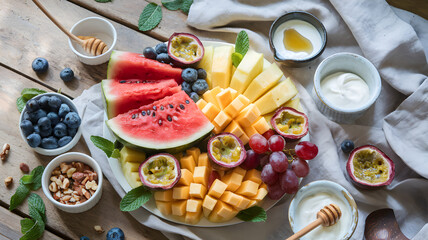 Vibrant fruit platter featuring watermelon, mango, blueberries, and passionfruit on a rustic wooden table