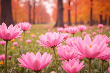 Obraz premium field of pink flowers in the middle of a grassy field