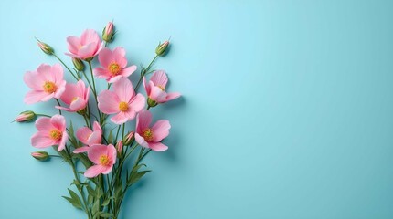 Obraz premium Delicate pink flowers with yellow centers bloom against a serene, light blue background, creating a fresh and vibrant floral display
