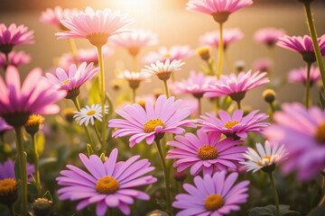 Fototapeta premium field of pink and white flowers in the sunlight