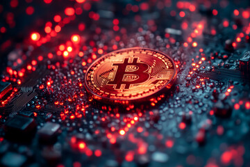 Digital currency symbol on circuit board with glowing lights