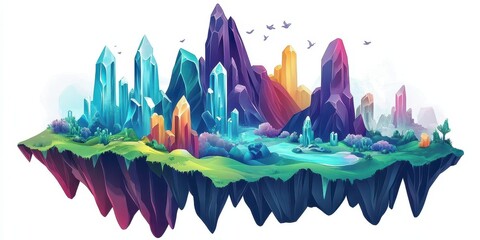 A Colorful Fantasy Floating Island With Crystalline Structures And Birds