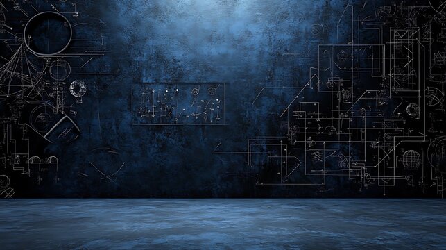 Dark Room, Mathematical Equations on Wall, Digital Art Background AI Generated