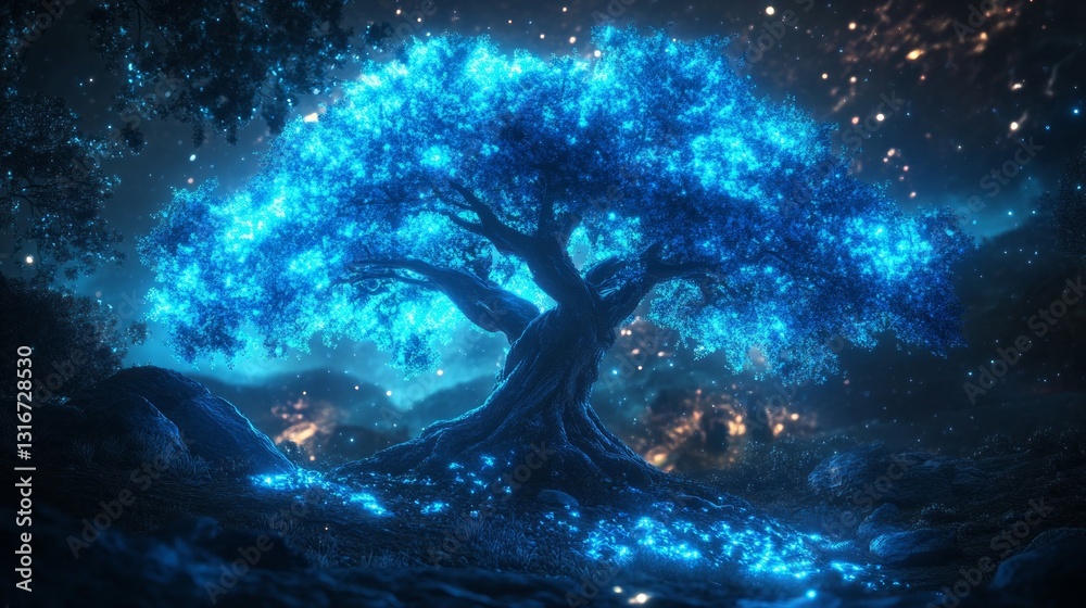 Poster a breathtaking spectacle unfolds in a tranquil forest where a giant tree glows with an enchanting bl