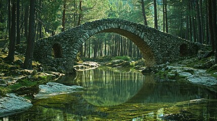 Fototapeta premium Enchanted Stone Bridge in a Lush Forest
