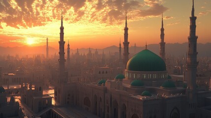 Naklejka premium A cityscape of a large building at sunset with towers