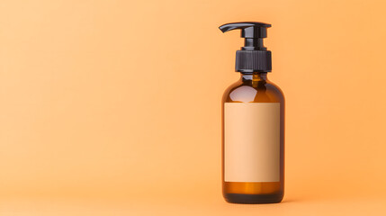 Amber pump bottle with a blank label, placed against a neutral background, ready for customization and branding.

