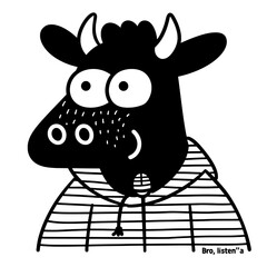 Obraz premium Whimsical cartoon cow character wearing a striped hoodie in a fun, abstract art style
