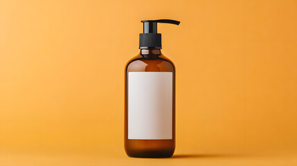 Amber pump bottle with a blank label, placed against a neutral background, ready for customization and branding.
