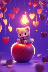 Cute animal sitting on apple, under heart-shaped decorations and a lightbulb, in a romantic scene