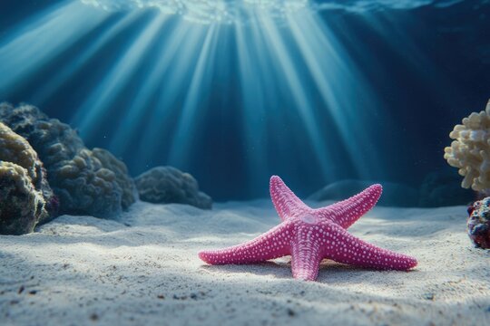 Pink starfish on sandy ocean floor, sunbeams