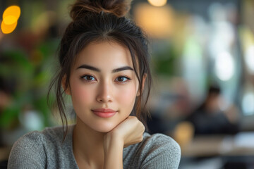 Fototapeta premium young woman with bun hairstyle, smiling softly